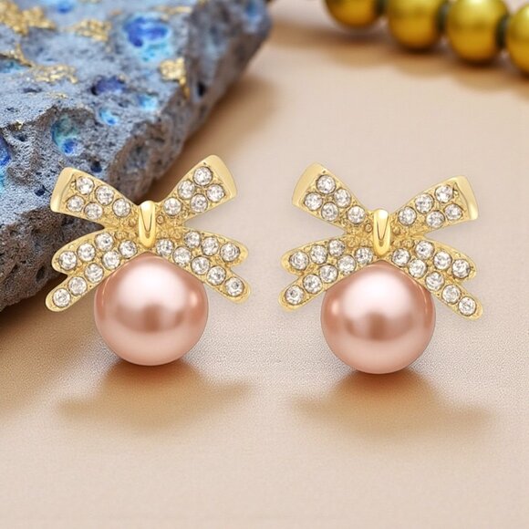 NKULTD Jewelry - 🆕 Rose Gold Faux Pearl Bow Stud Earrings Sparkly Rhinestones Cute Dainty Gift